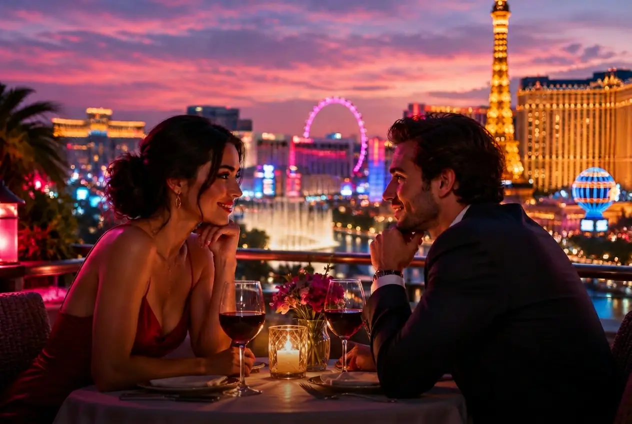 Illustratives Motiv eines Dinners zu zweit mit Blick auf den Strip